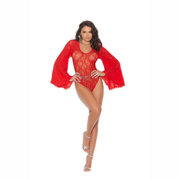 Red Lace Teddy Bell Sleeves Keyhole Back - Picture 4 of 5